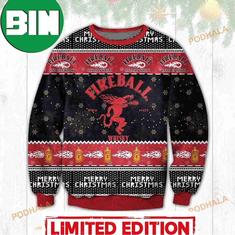 3D Fireball Whiskey Funny Ugly Sweater Christmas Holiday Gifts