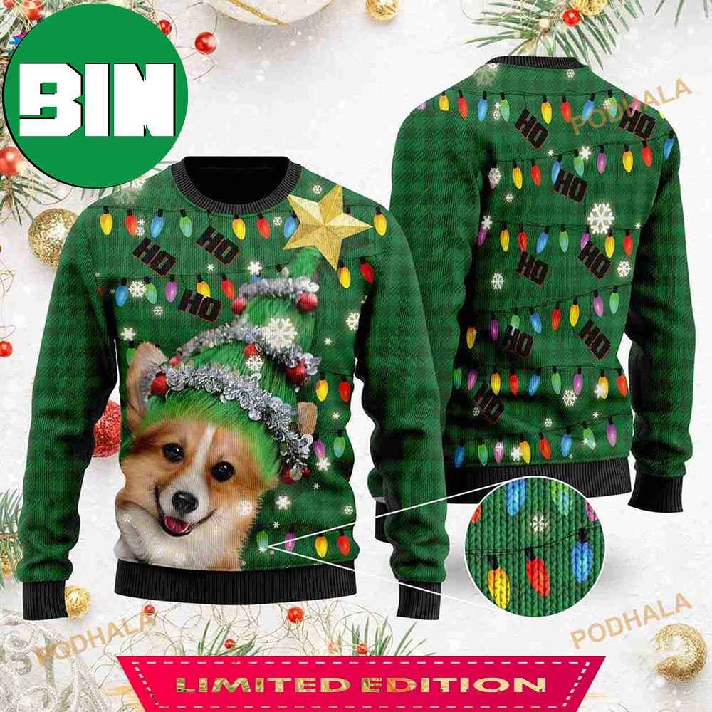 3D Ho Ho Ho Corgi Christmas Tree Funny Ugly Sweater