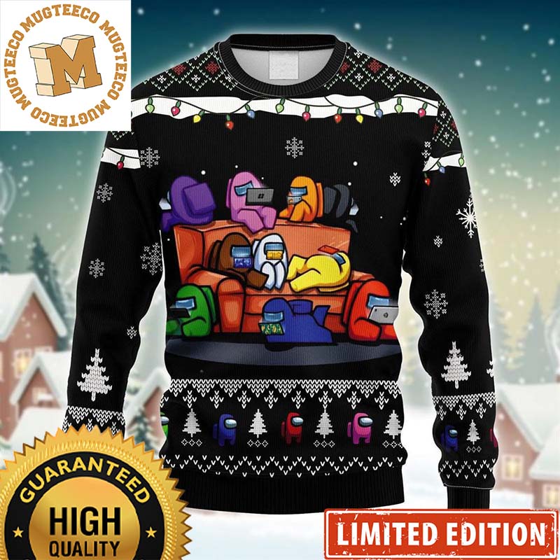 Among Us On Christmas Night Snowy Christmas Lights Holiday Ugly Sweater