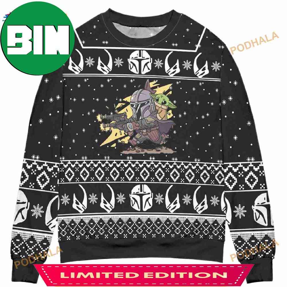 Baby Yoda Boba Fett Fire A Gun Star Wars Ugly Christmas Sweater