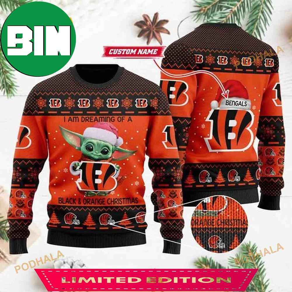 Baby Yoda Star Wars Cincinnati Bengals Custom Name Ugly Xmas Sweater