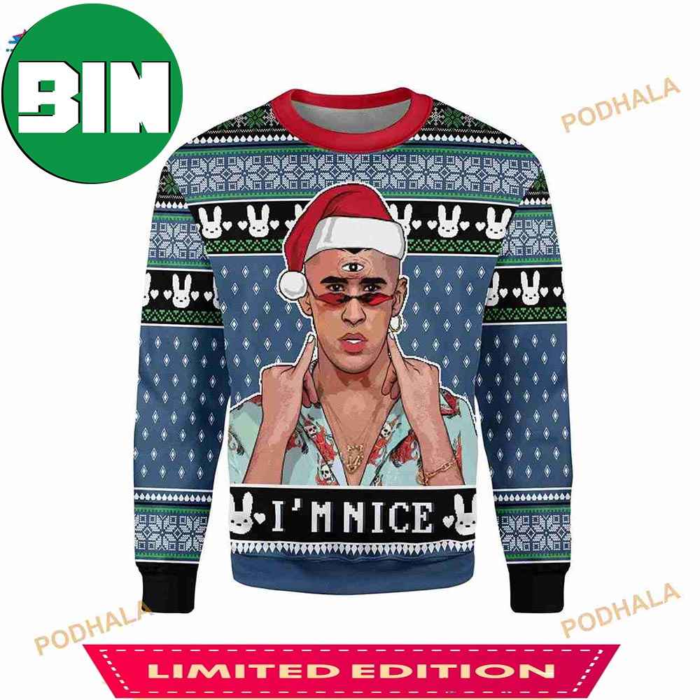 Bad Bunny I'm Nice Snowflakes And Bunny Logo Christmas Gift 2023 Best Ugly Sweater