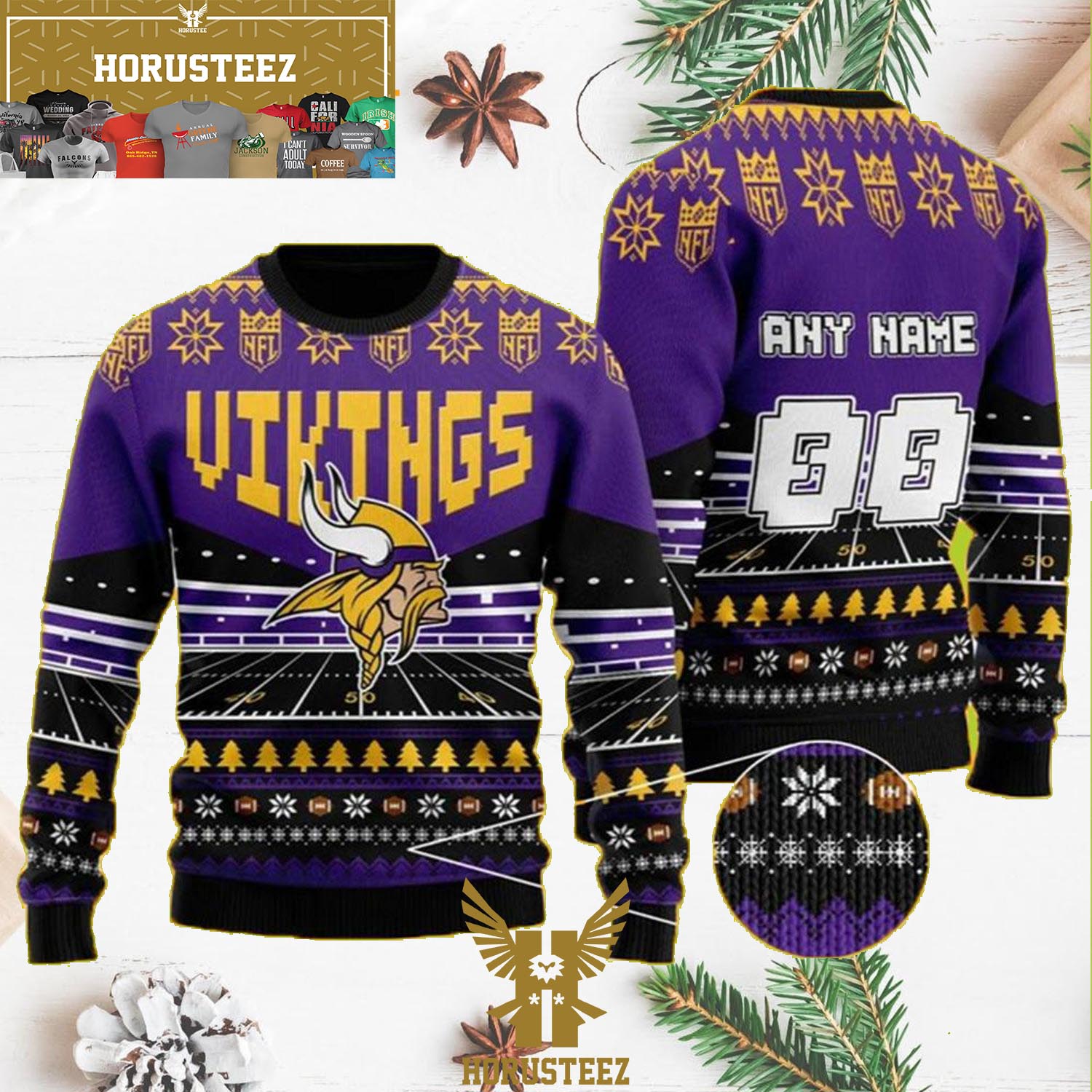 Custom Name Number NFL Logo Minnesota Vikings Ugly Christmas Sweater -  Trends Bedding