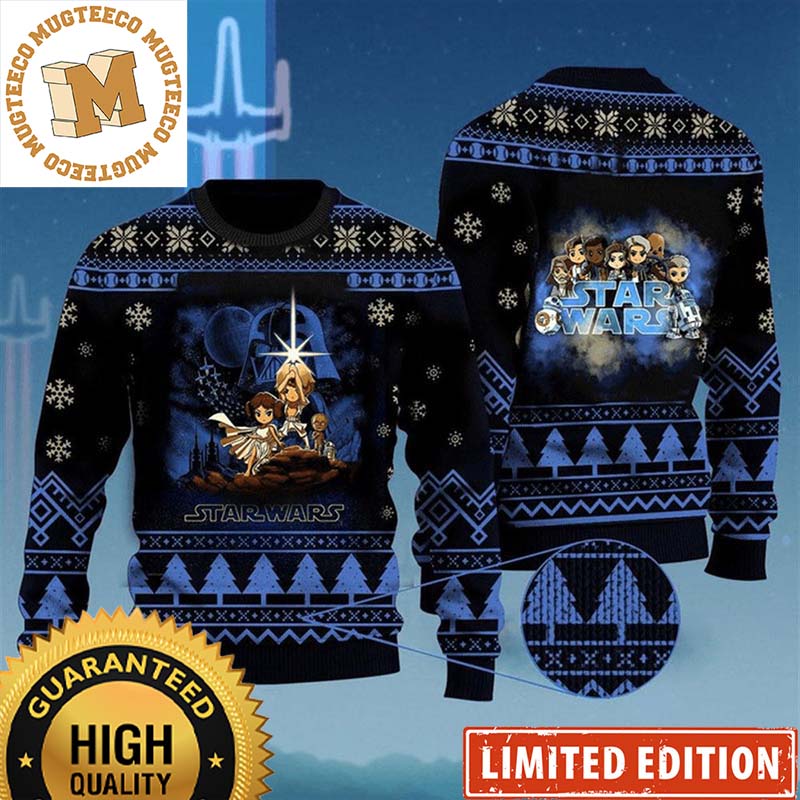 Star Wars Cartoon Signature Characters Black And Blue Knitting Pine Tree And Snowflakes Christmas Ugly Sweater