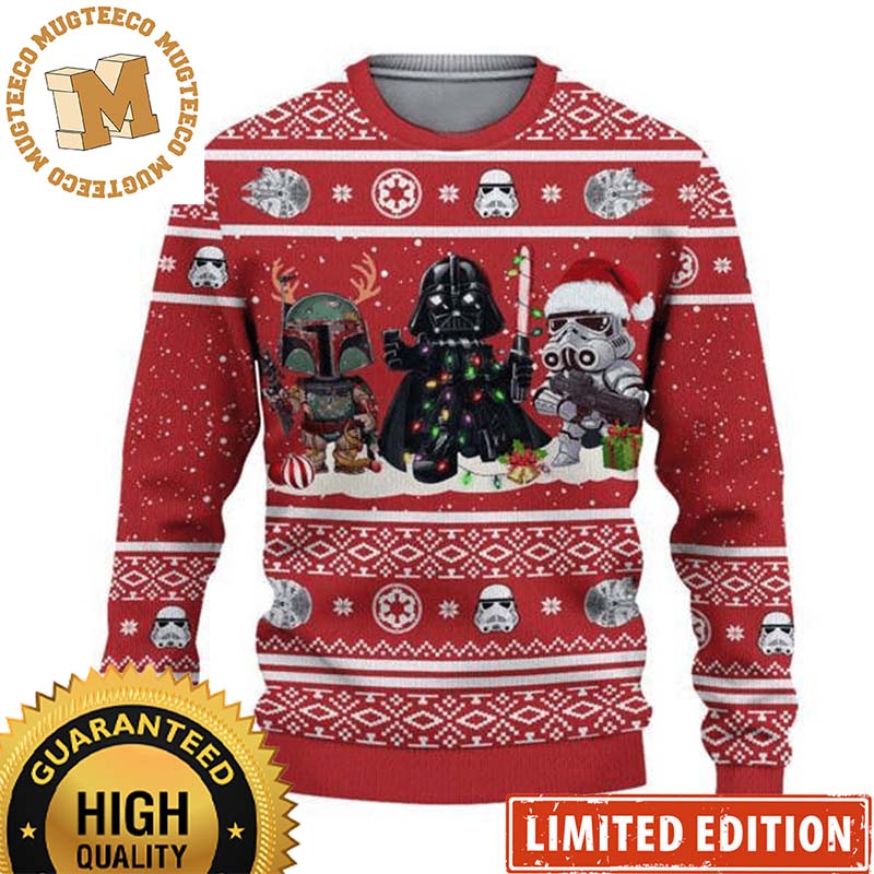 Star Wars Cute Chibi Characters Snowflakes Knitting Pattern Red Christmas Ugly Sweater