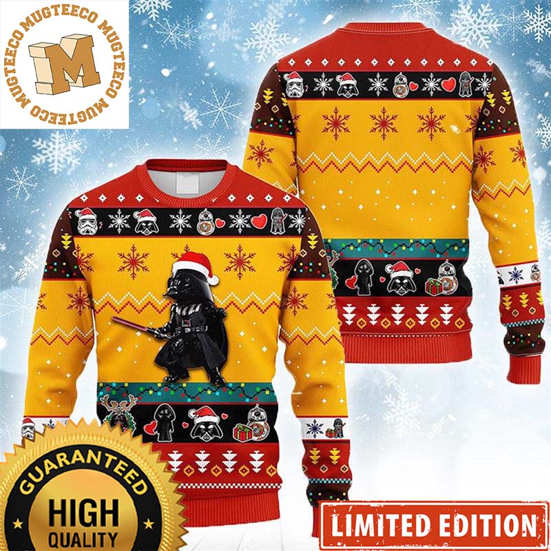 Star Wars Dark Vader With Light Saber Cute With Christmas Knitting Pattern Yellow And Red Holiday Ugly Sweater 2023