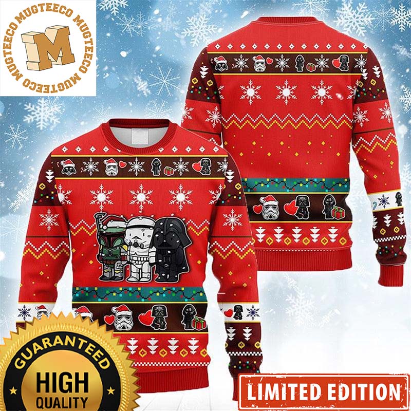 Star Wars Darth Vader Boba Fett And Stormtrooper Funny Posing Lined Up With Santa Hats Snowflakes Knitting Red Holiday Ugly Sweater