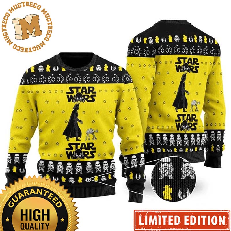 Star Wars Darth Vader Walking With Stromtrooper Knitting Pattern Black And Yellow Christmas Ugly Sweater