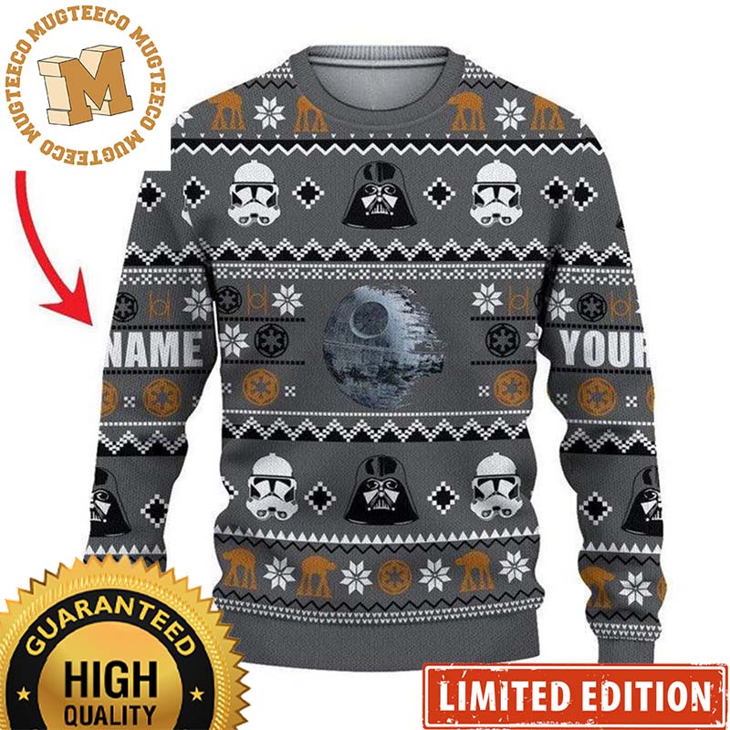 Star Wars Death Star With Darth Vader And Stormtrooper Pattern Personalized Christmas Ugly Sweater