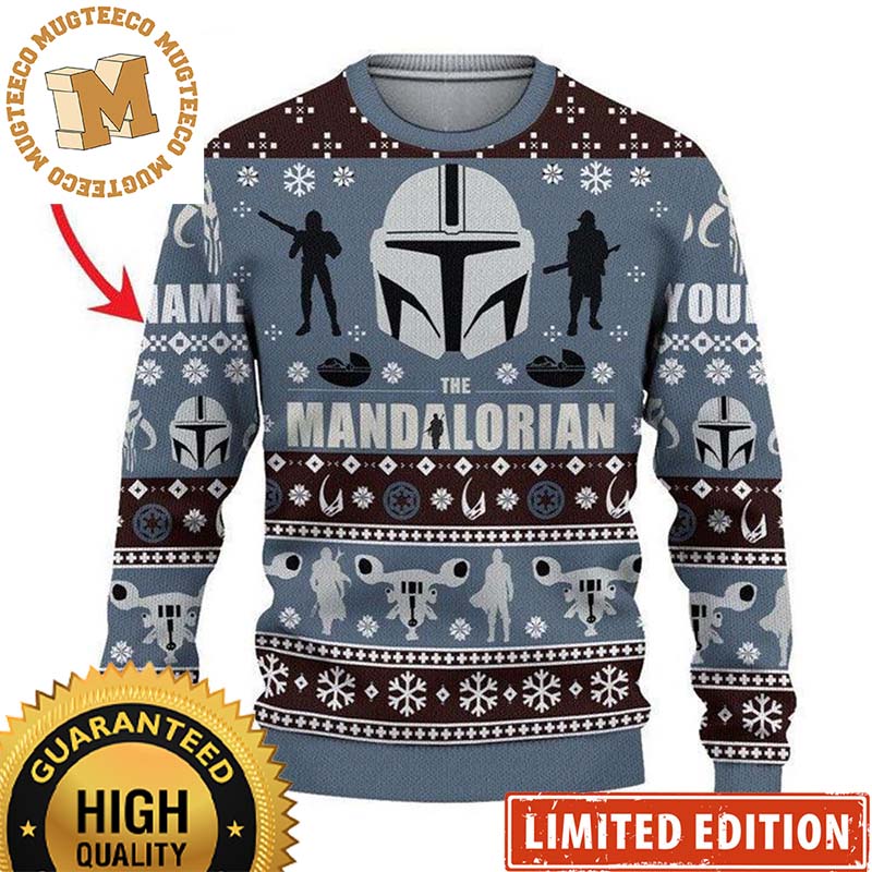 Star Wars Mandalorian Helmet Knitting Pattern Personalized Grey Christmas Ugly Sweater