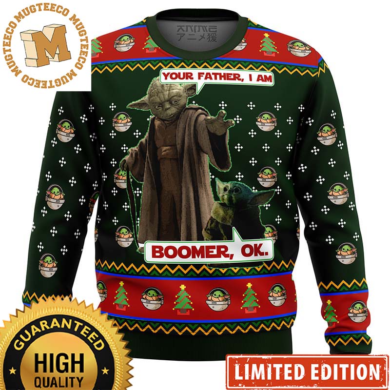 Star Wars Master Yoda And Baby Yoda Your Father I Am Boomer Knitting Snowflakes Christmas Ugly Sweater
