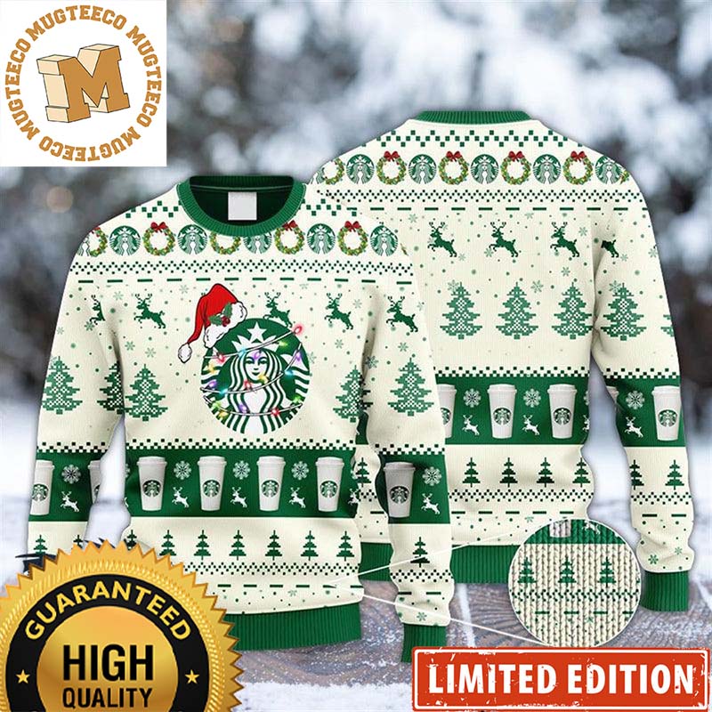 Starbucks Coffee With Santa Hat Reindeer Snowy Night Knitting Christmas Ugly Sweater