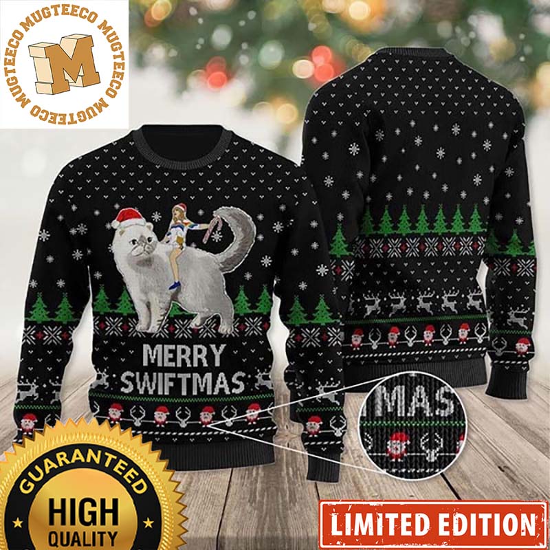 Taylor Swift Ride A Cat With Santa Hat Merry Swiftmas In Black Ugly Christmas Sweater