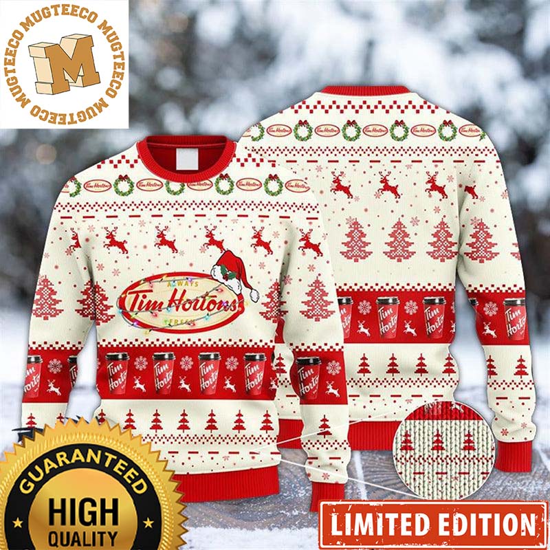 Tim Hortons Big Logo With Santa Hat Snowy Night Knitting White And Red Holiday Ugly Sweater
