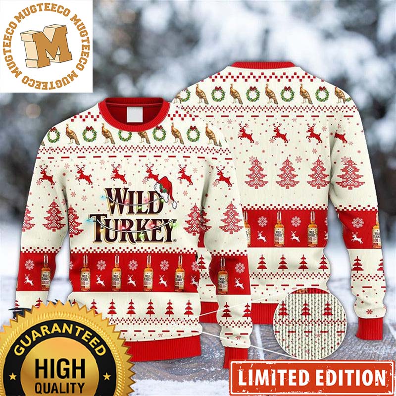 Wild Turkey Whiskey Christmas Lights And Santa Hat Reindeer Snowy Night Knitting Vintage Holiday Ugly Sweater