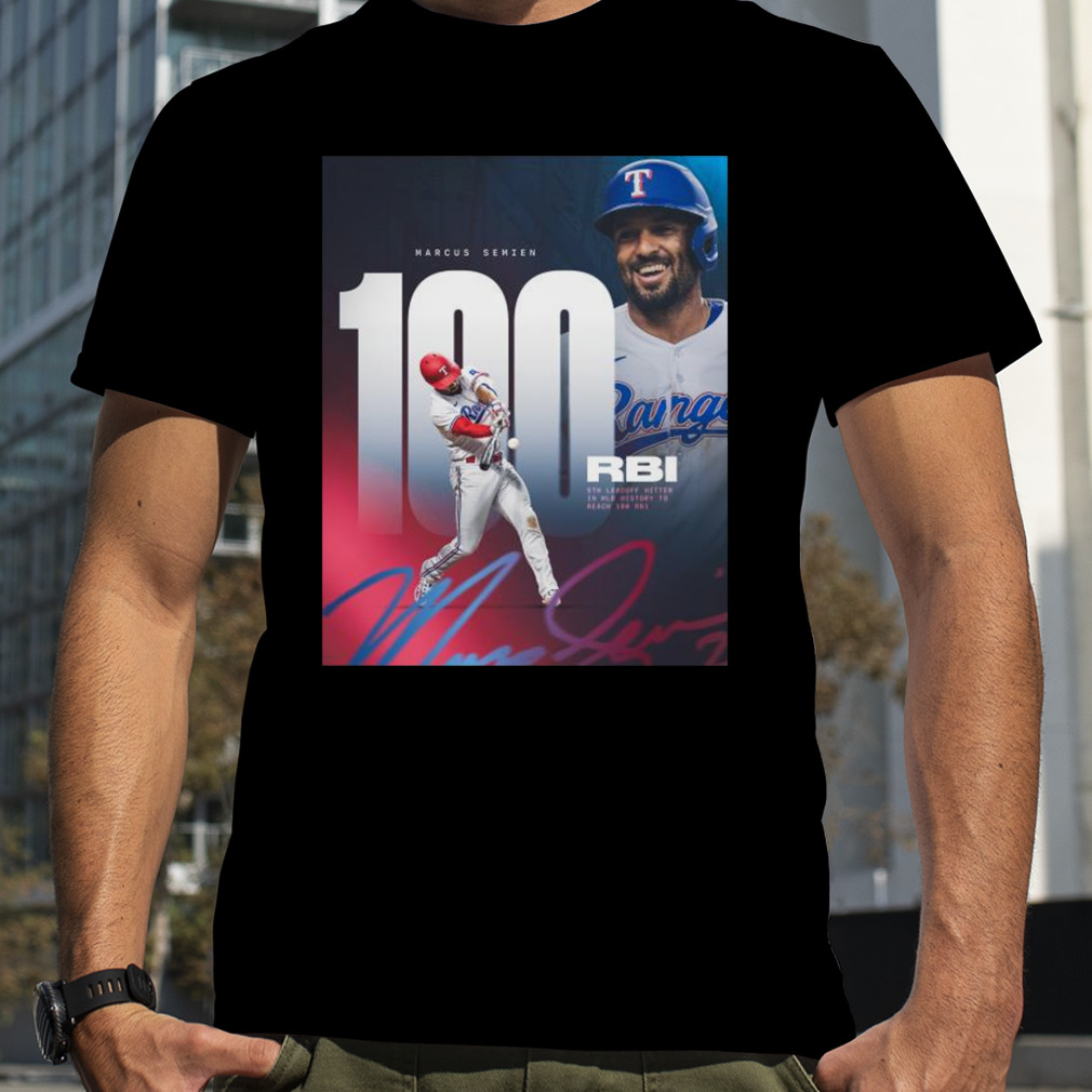 Marcus semien Texas rangers 100 rbi 5th leadoff hitter in mlb history shirt,  hoodie, sweater, long sleeve and tank top