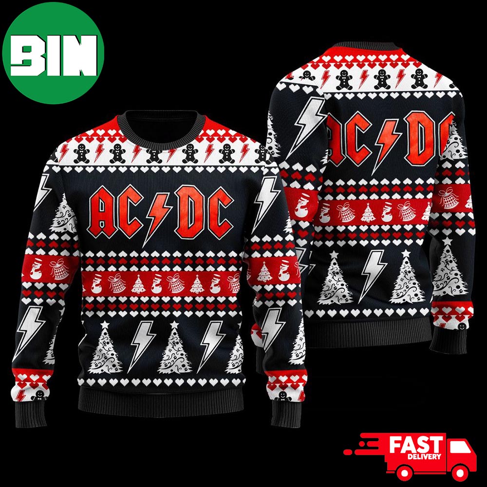 AC DC Snowflake And Pine Tree Pattern Ugly Christmas Sweater