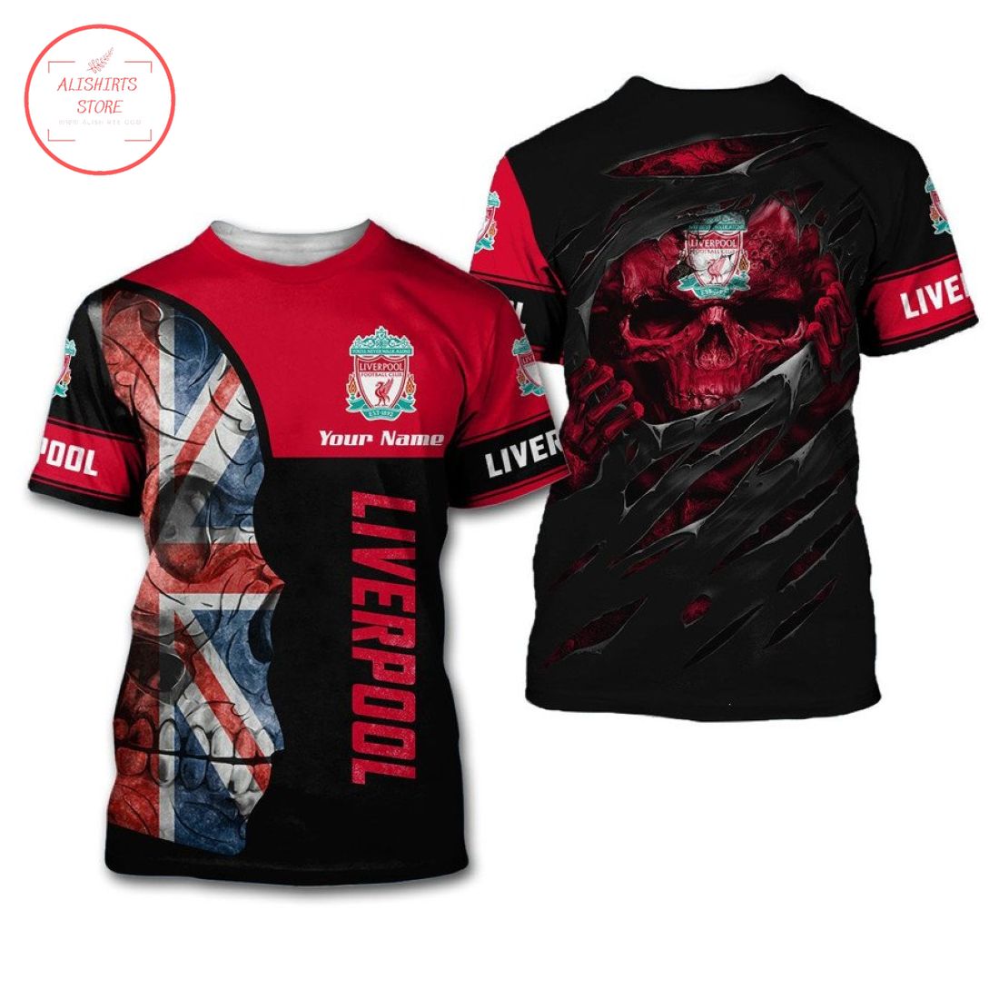 Liverpool FC Custom Name UK Flag Skull T-Shirt