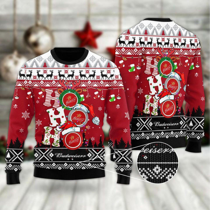 HoHoHo Budweiser Beer Christmas Sweater Chow Down Movie Store