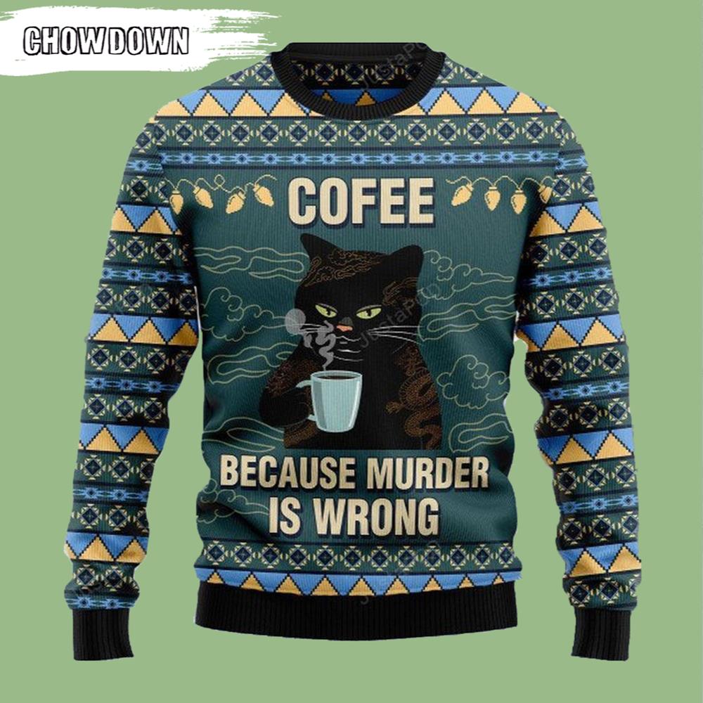 2022 Coffee Cat Ugly Christmas Sweater - Chow Down Movie Store