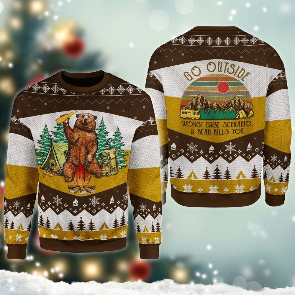 A Bear With Beer Go Outside Camping Sweater - Chow Down Movie Store