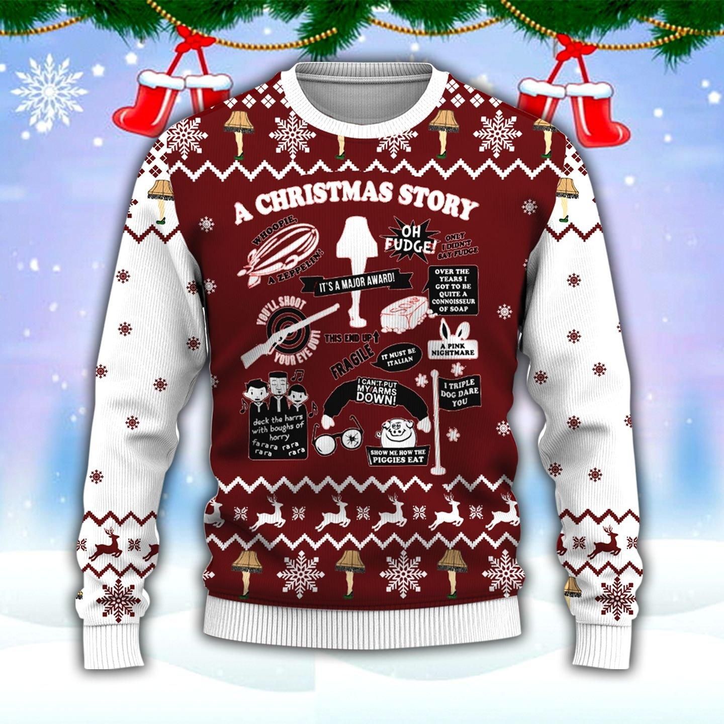 A Christmas Story Ugly Sweater, Christmas Gift, A Christmas Store Ugly Christmas Sweater - Chow Down Movie Store