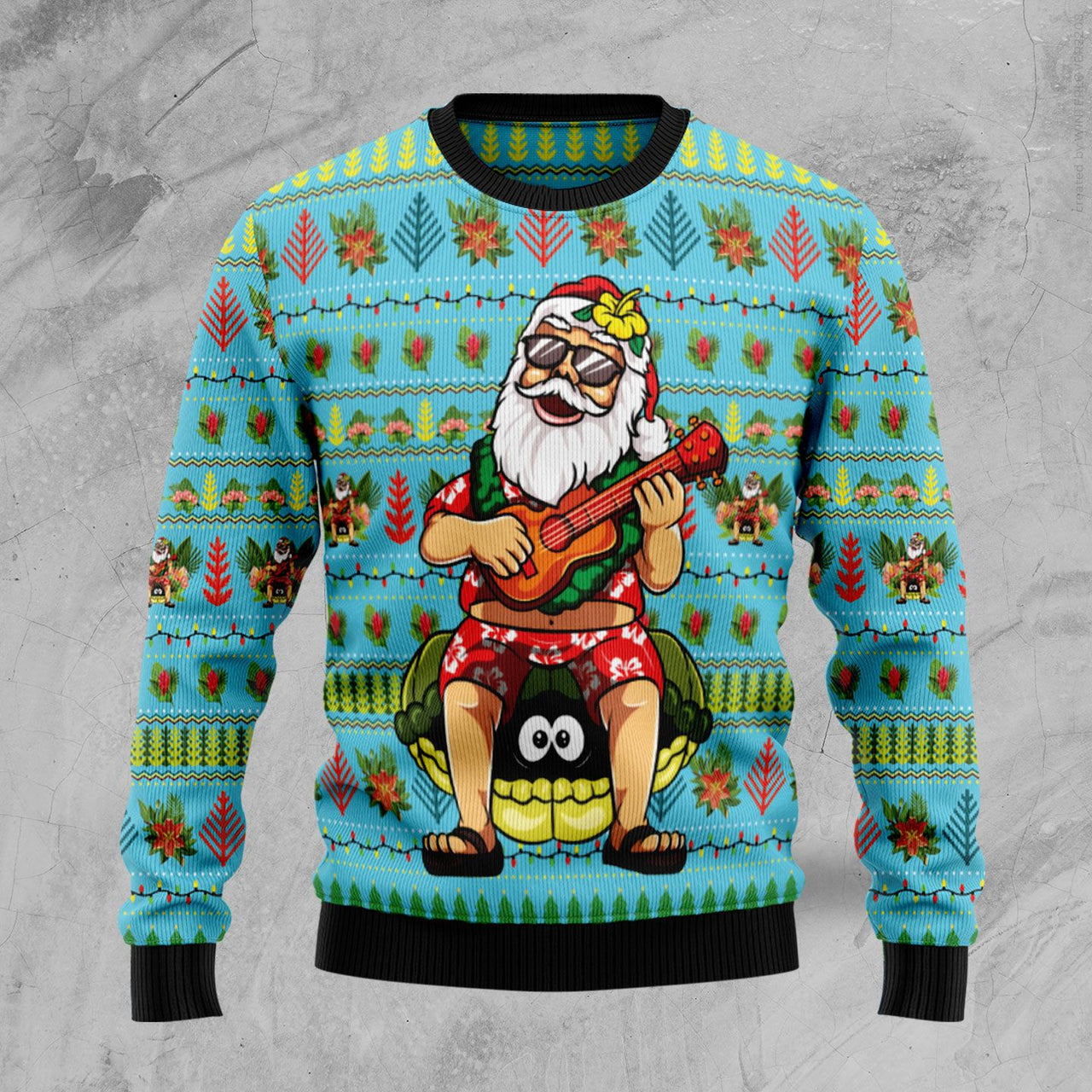 Aloha Santa Claus Play Guitar Xmas Ugly Sweater - Chow Down Movie Store