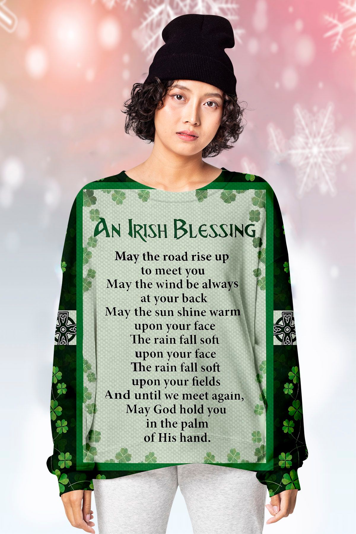 An Irish Blessing Irish Clover Irish Cross KVH Ugly Christmas Sweater - Chow Down Movie Store