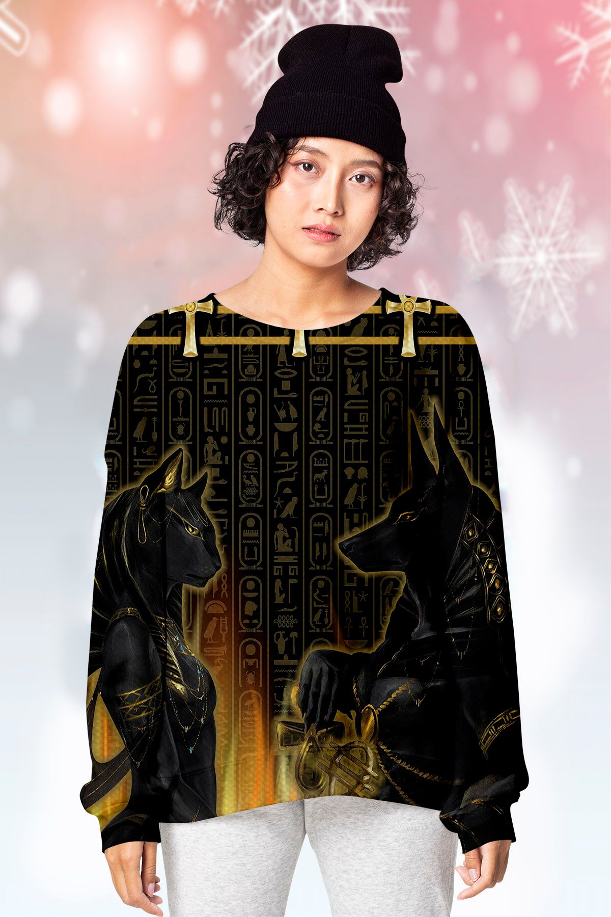 Ancient Egypt Anubis And Bastet KVH Ugly Christmas Sweater - Chow Down Movie Store