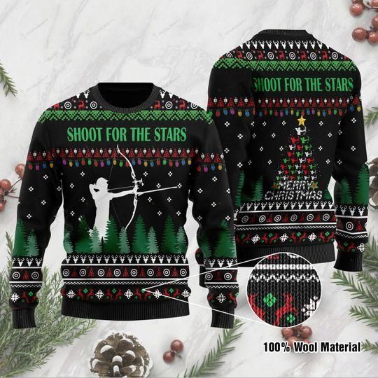 Archer Using Compound Bow With Sayings Shoot For The Stars Ugly Christmas Sweater US1010 - Chow Down Movie Store