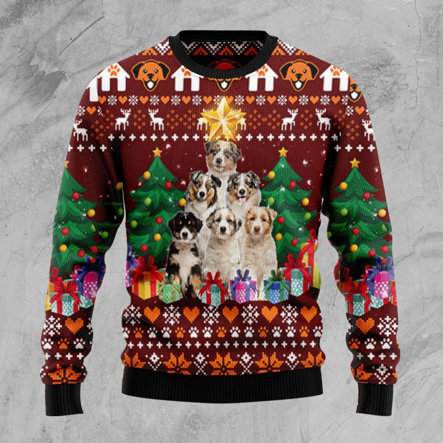 Australian Shepherd Pine Tree Ugly Christmas Sweater - Chow Down Movie Store