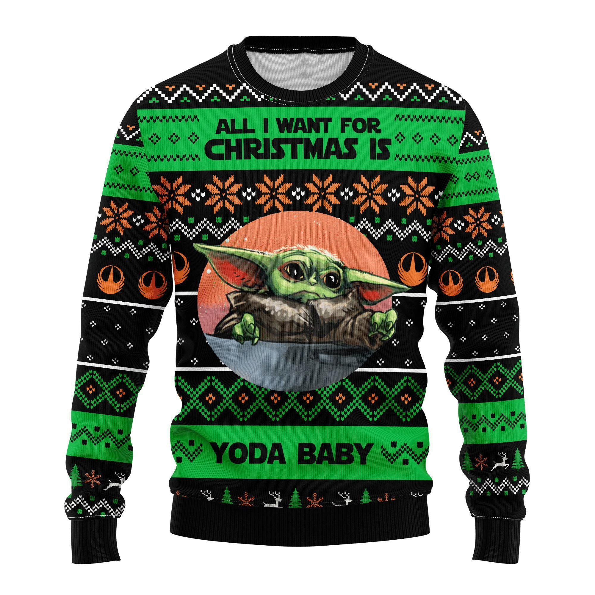 Baby Yoda All I Want For Christmas Ugly Sweater Gifts, Baby Yoda Gift Fan Ugly Sweater - Chow Down Movie Store