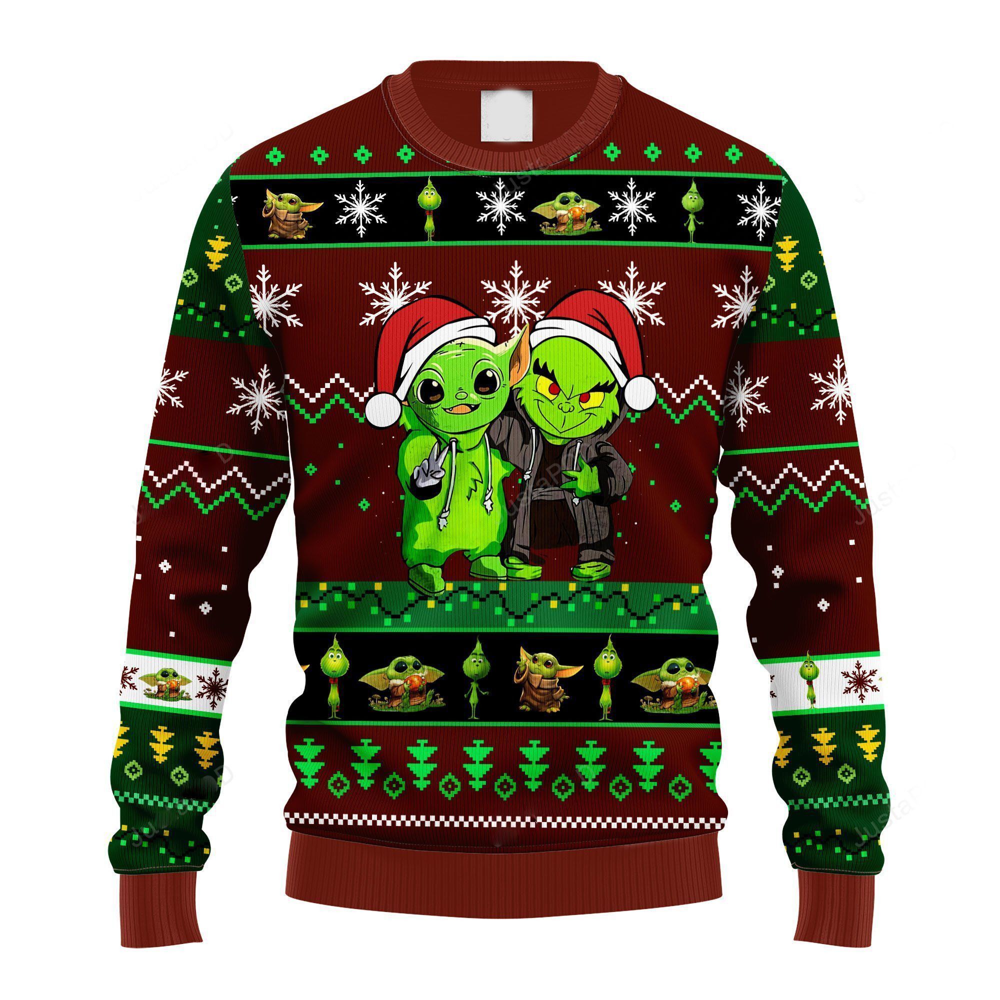 Baby Yoda And Grinch Ugly Sweater, Funny Baby Yoda And Grinch Christmas Sweater - Chow Down Movie Store