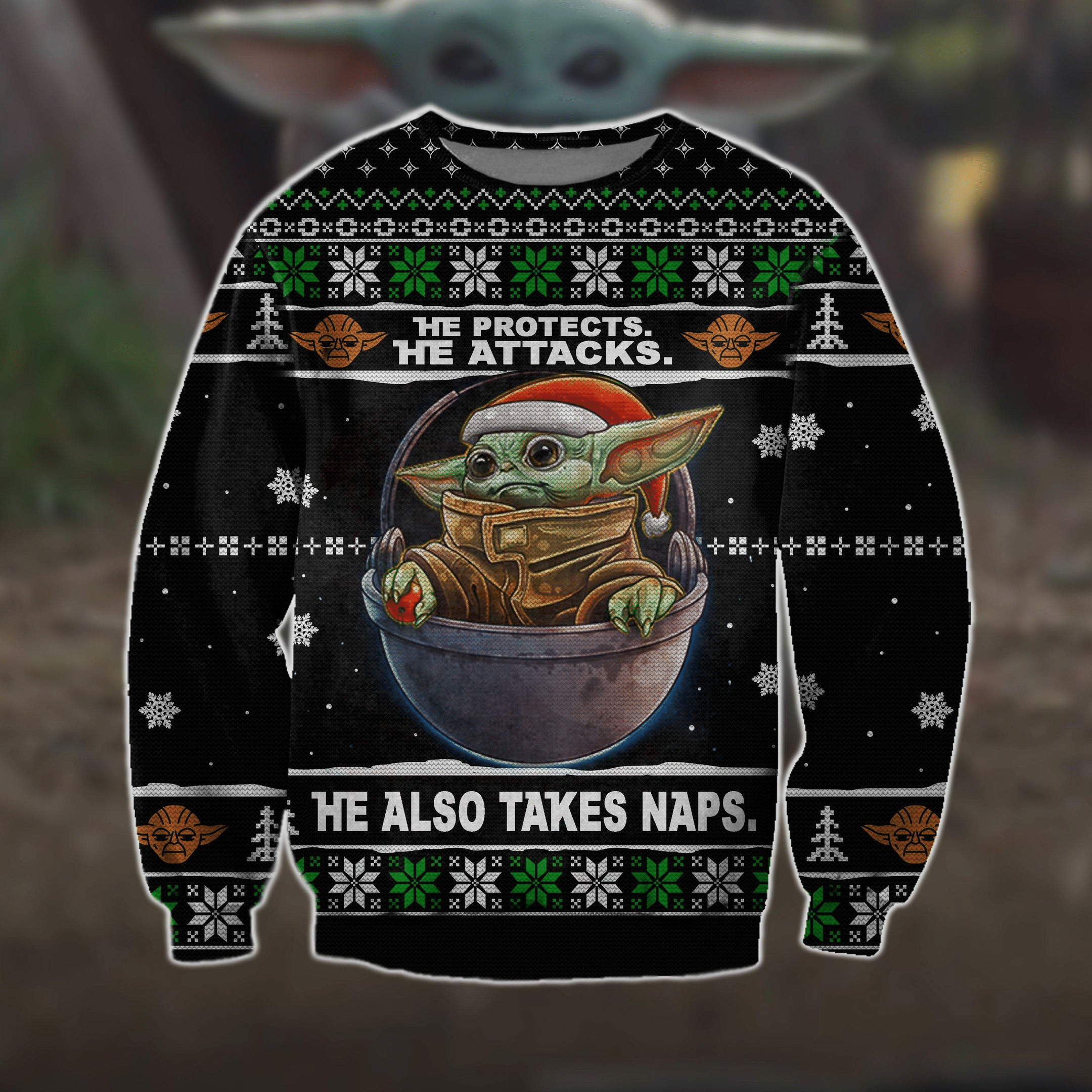 Baby Yoda He Protects He Attacks Ugly Sweater Gifts, Baby Yoda Gift Fan Ugly Sweater - Chow Down Movie Store