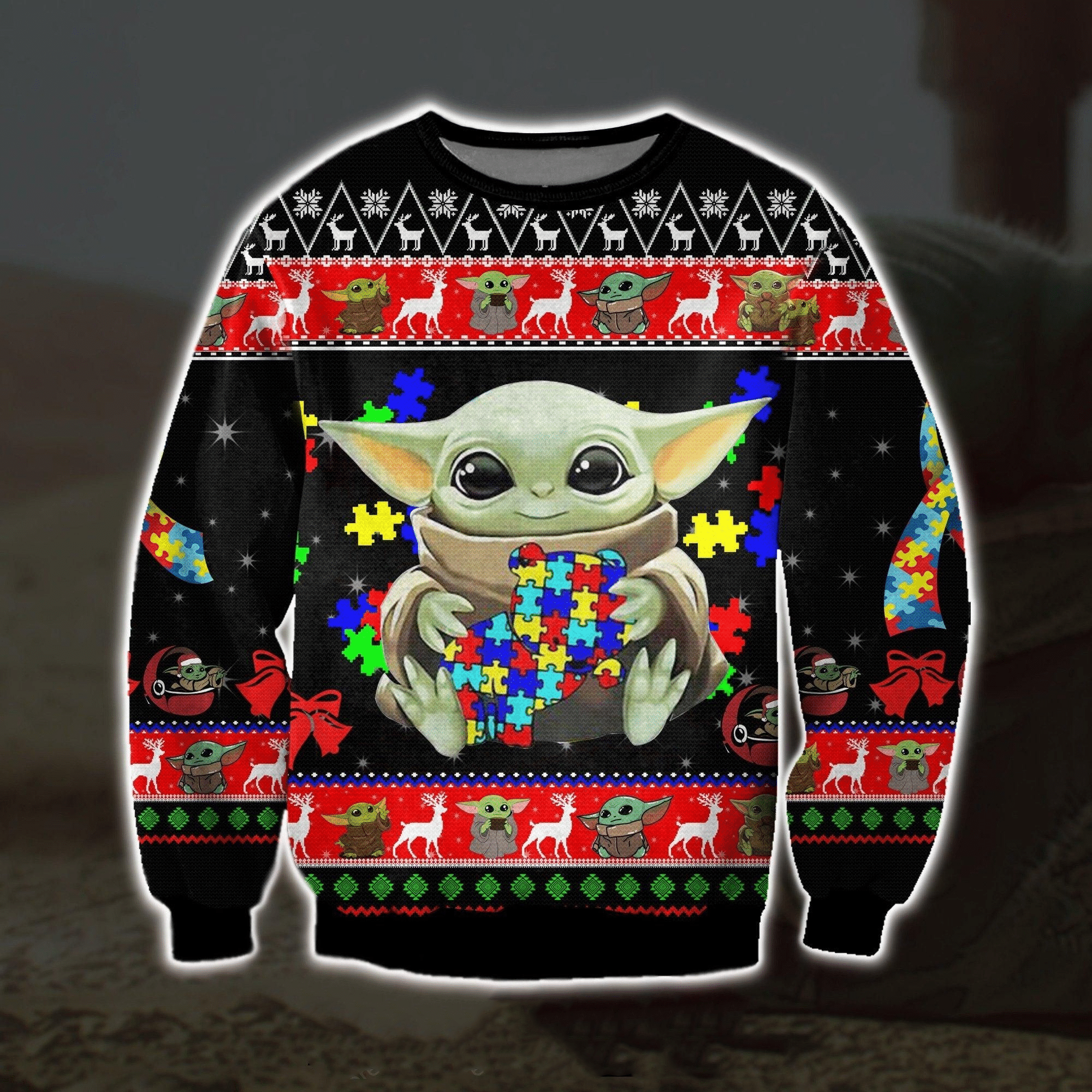 Baby Yoda With Puzzles Autism Ugly Sweater Gifts, Baby Yoda Gift Fan Ugly Sweater - Chow Down Movie Store