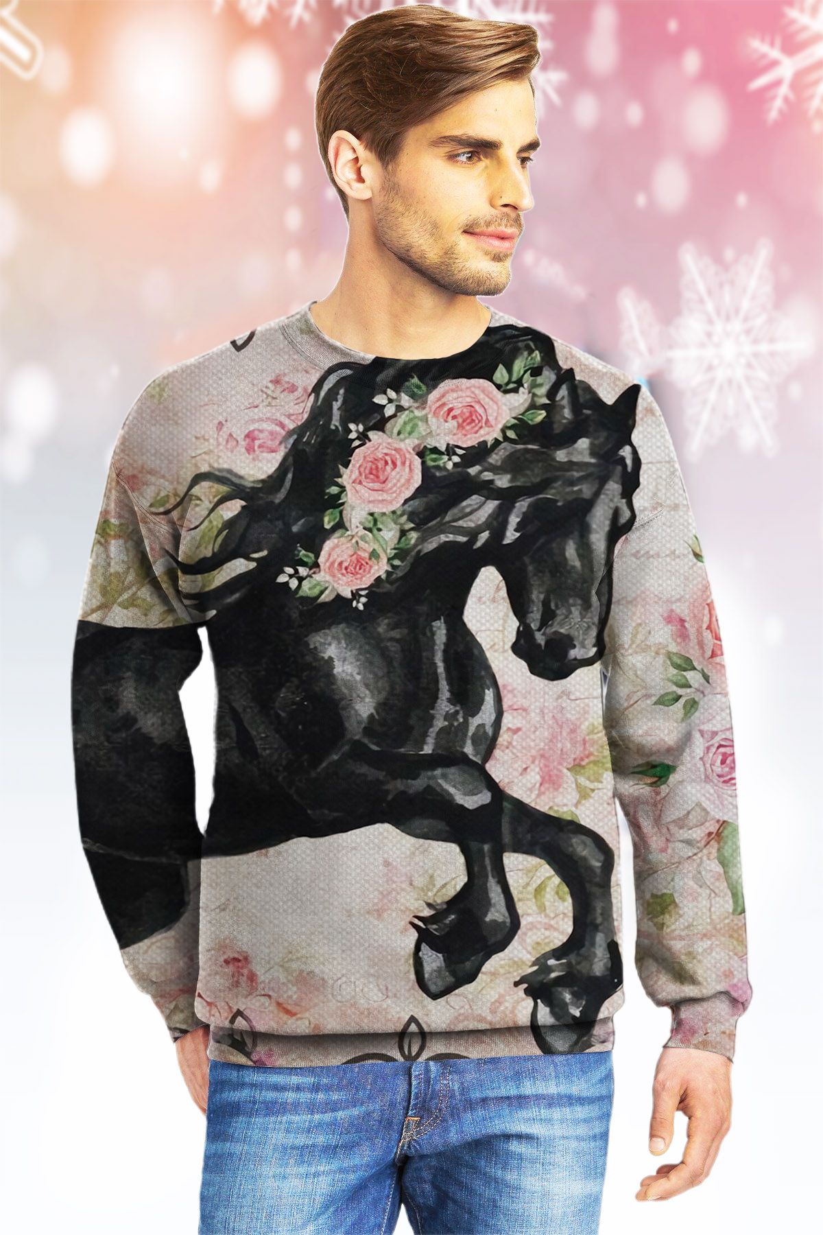 Beautiful Black Horse And Roses KVH Ugly Christmas SweaterCrewneck Sweatshirts For Men & WomenMerry Christmas - Chow Down Movie Store