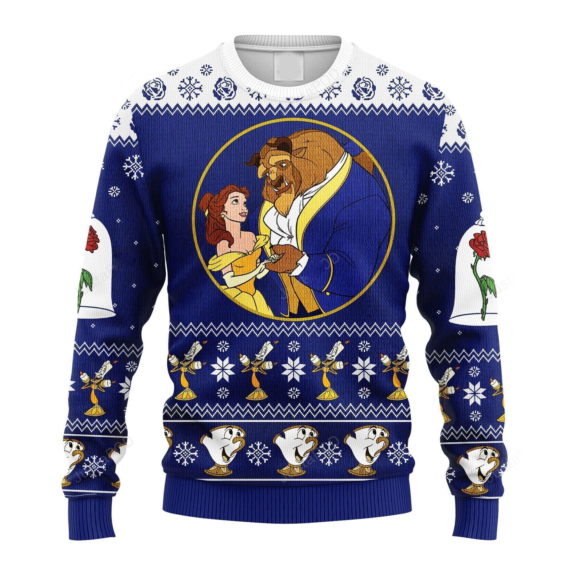 Beauty And The Beast Ugly Sweater, Beauty And The Beast Christmas Sweater, Beauty And The Beast Cartoon Gift, Beauty And The Beast Shirt - Chow Down Movie Store