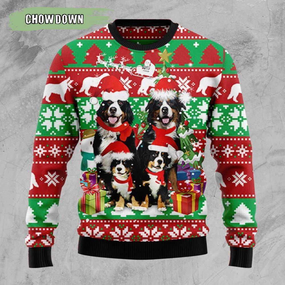 Bernese Mountain Dog Family Dog Ugly Christmas Sweater - Chow Down Movie Store