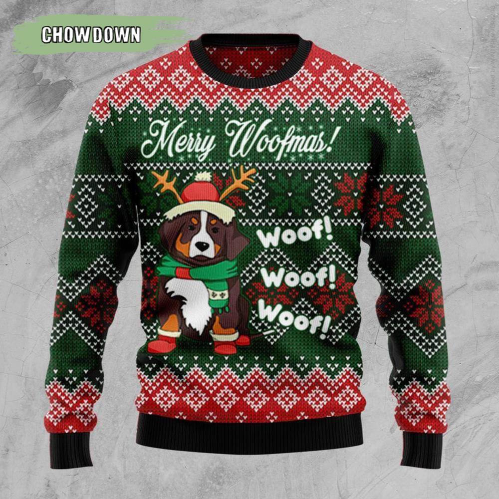 Bernese Mountain Dog Woofmas Dog Ugly Christmas Sweater - Chow Down Movie Store