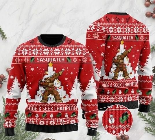 Bigfoot And Toilet Paper Sasquatch Hide And Seek Champion Dabbing Ugly Christmas Sweater US3218 - Chow Down Movie Store