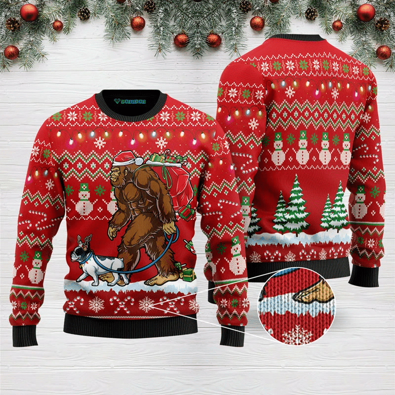 Bigfoot French Bulldog Ugly Christmas Sweater US3133 - Chow Down Movie Store