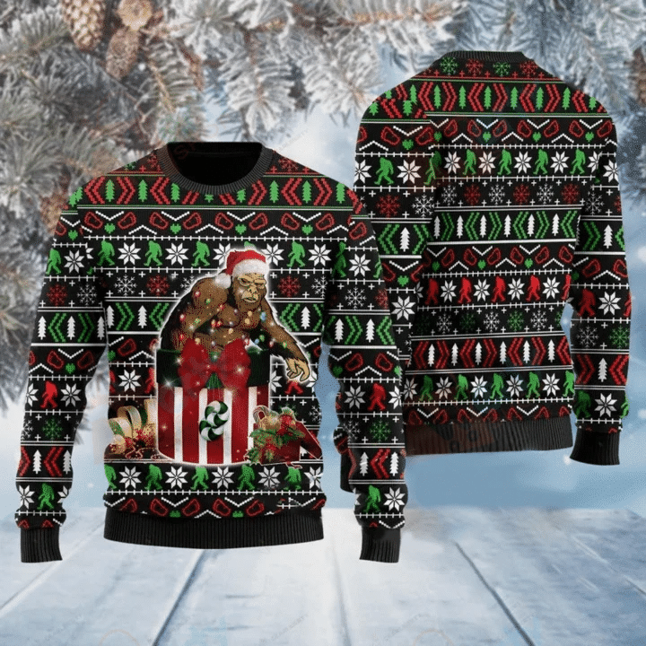 Bigfoot In The Gift Box Ugly Christmas Sweater US3775 - Chow Down Movie Store