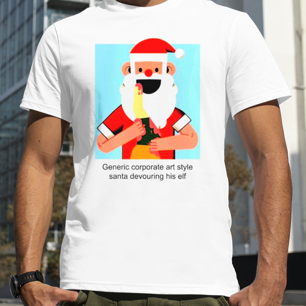 Generic corporate art style Santa devouring his elf shirt