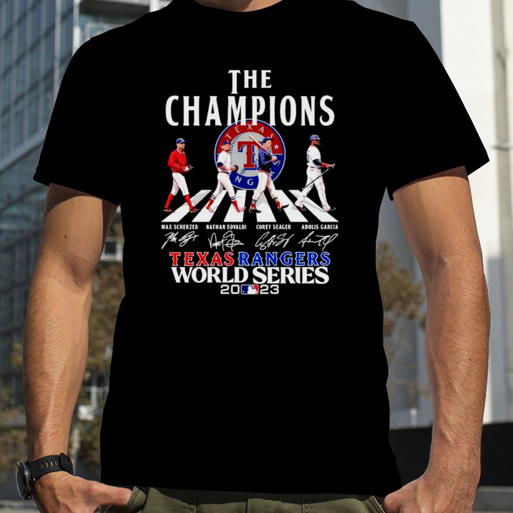 The champions Texas Rangers 2023 world series players abbey road signatures shirt