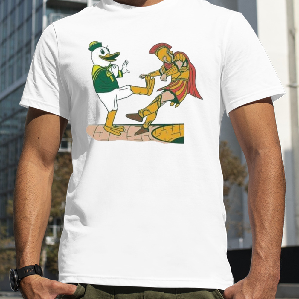 Oregon Ducks football mascot kick Michigan State Spartans football mascot cartoon shirt