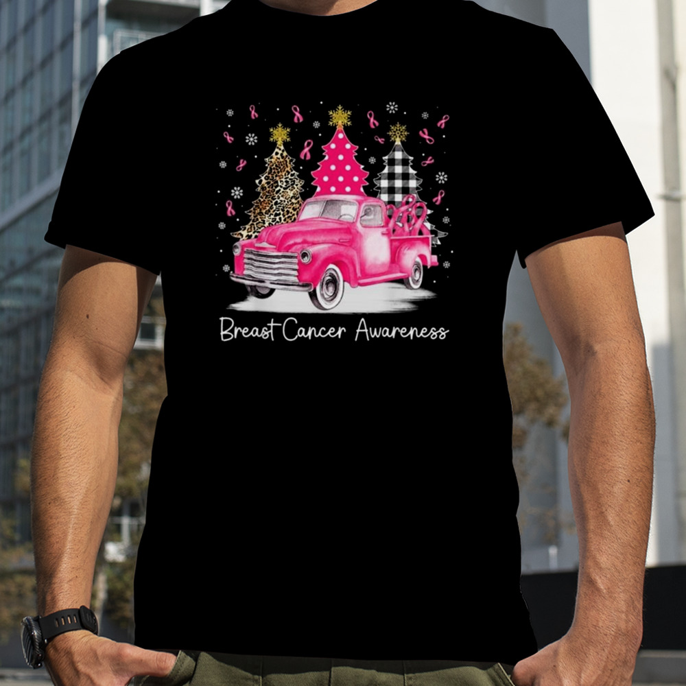 Pink Ribbon Christmas Vintage Truck Breast Cancer Awareness 2023 T-shirt