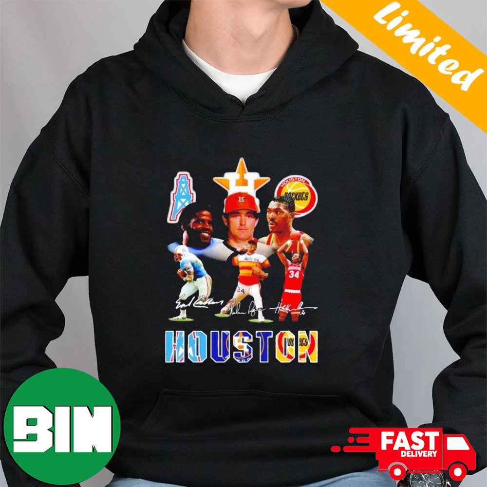 Houston Oilers x Houston Astros x Houston Rockets Number 34 Nolan Ryan x Tyler Rose x Hakeem Olajuwon Signatures T-Shirt