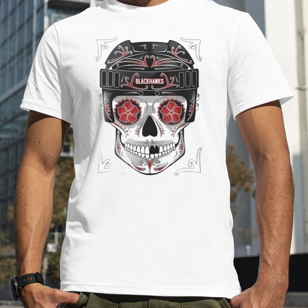 NHL Chicago Blackhawks Skull Dia De Los Muertos Hockey Logo T-Shirt