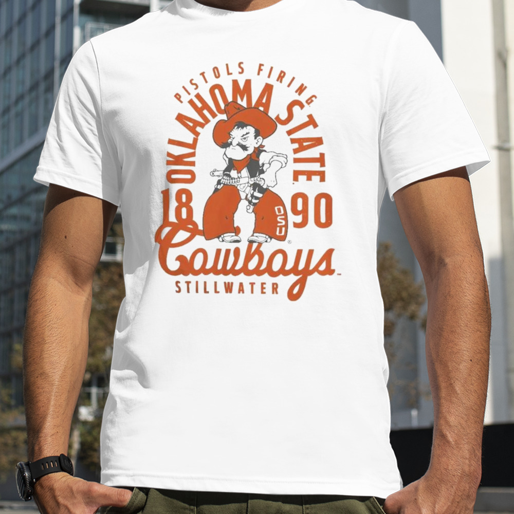 Pistols Firing Oklahoma State Cowboys Ivory Mascot Overlay Local 1890 T-shirt