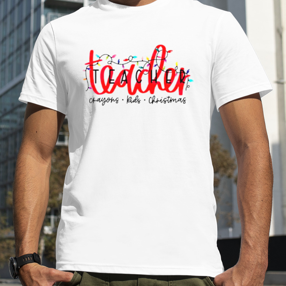 Teacher crayons kids Christmas lights shirt